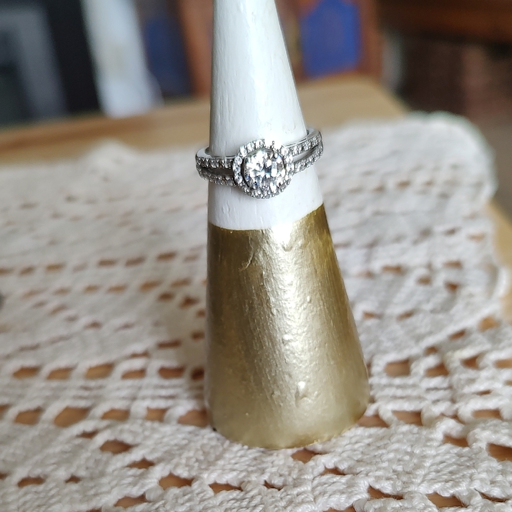 Sterling Silver Halo Engagement, Wedding Ring with CZ Center Stone - Silver
